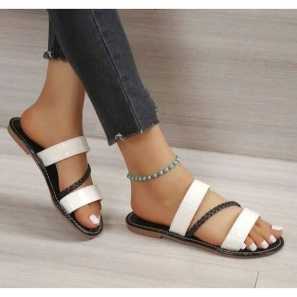 Women's PU Leather Slippers, Open Round Toe Flats sz 8.5 - Picture 2 of 3